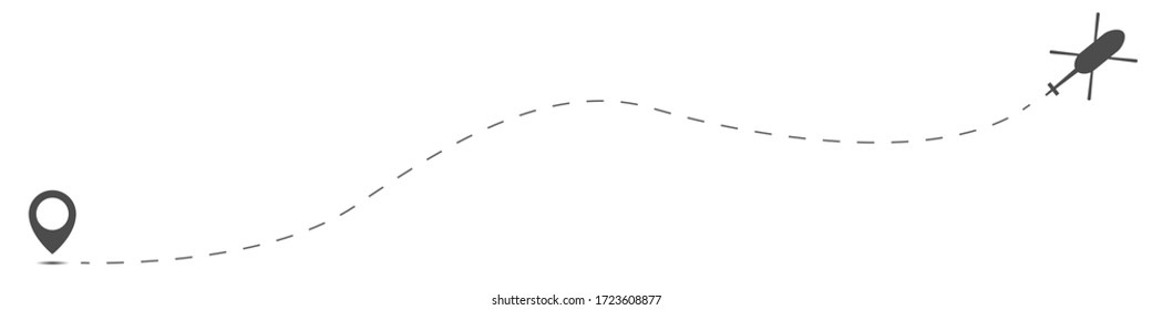 Helicopter line path vector icon of air flight route with start point and dash line trace for air trip. Travel symbol