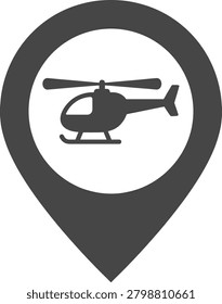 Helicopter location pin pointer icon, helipad map marker symbol for aviation transit, navigation travel position graphic element