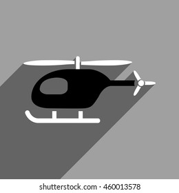 Helicopter long shadow vector icon. Style is a flat helicopter black and white iconic symbol on a gray square background.