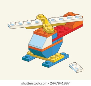 Helicóptero hecho por bloques. Bloque de construcción de juguetes, ladrillos para niños. Ilustración isométrica de Vector. Ladrillos de colores aislados en el fondo.