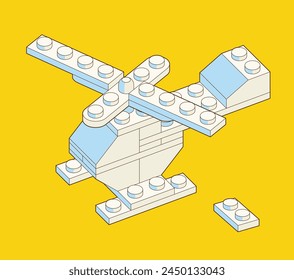 Helicopter made by blocks. Toy building block, bricks for children. Vector isometric illustration. Colored bricks isolated on background.