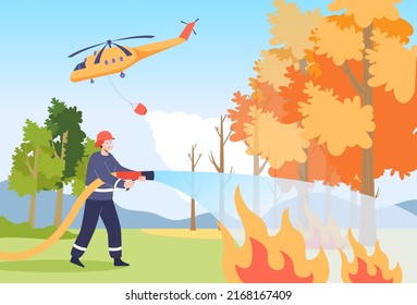 Helicopter And Male Firefighter Extinguishing Wildfire. Rescue Team, Fireman With Hose Flat Vector Illustration. Environment, Nature, Danger Concept For Banner, Website Design Or Landing Web Page