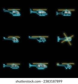 Helicopter military aircraft chopper icons set. Outline illustration of 9 helicopter military aircraft chopper vector icons neon color on black