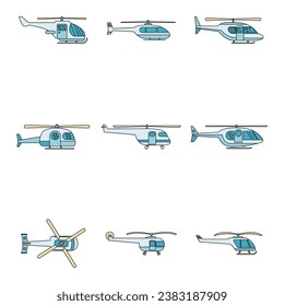 Helicopter military aircraft chopper icons set. Outline illustration of 9 helicopter military aircraft chopper vector icons thin line color flat on white