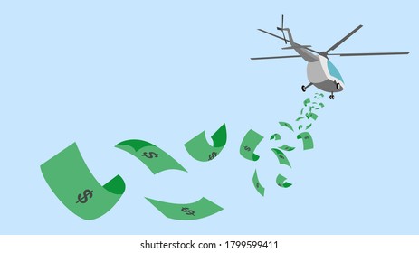 Helicopter money or helicopter drop. A stimulus economic policy in crisis. A helicopter with money fall from it. Vector illustration, flat design