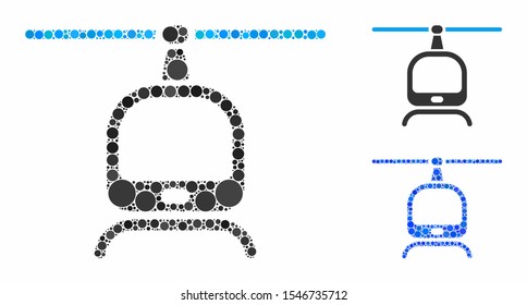Helicopter mosaic of round dots in various sizes and shades, based on helicopter icon. Vector dots are grouped into blue mosaic. Dotted helicopter icon in usual and blue versions.