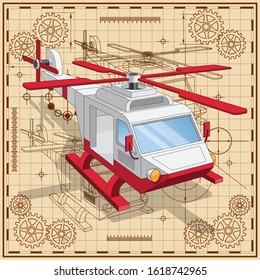 Helicopter on the background of the scheme. Isometric. Vector illustration.