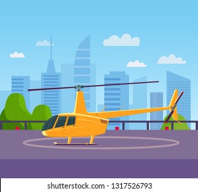 Helicopter On Helipad At Building Rooftop. Vector Flat Style Illustration.