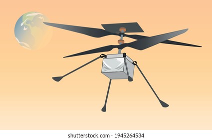 Helicopter on Mars from rover. Flying drone on background of the Earth