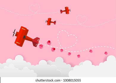 Helicopter On The Sky and Heart, Love and Valentine Day Vector Illustration Origami Paper Art, Flat Design