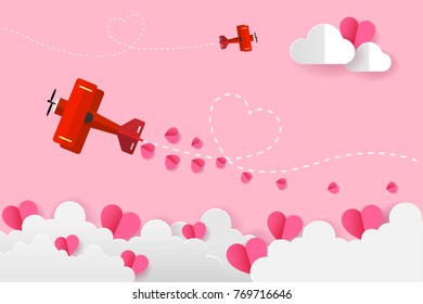 Helicopter On The Sky and Heart, Love and Valentine Day Vector Illustration Origami Paper Art