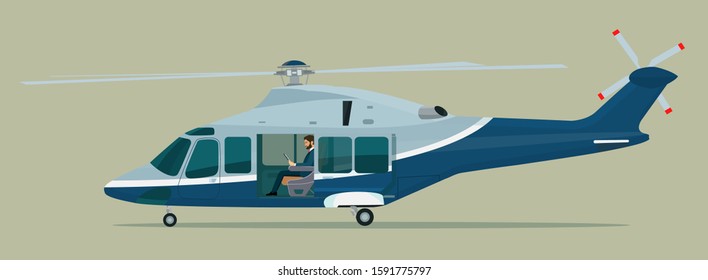 Helicopter with an open passenger door and businessman inside. Vector illustration.