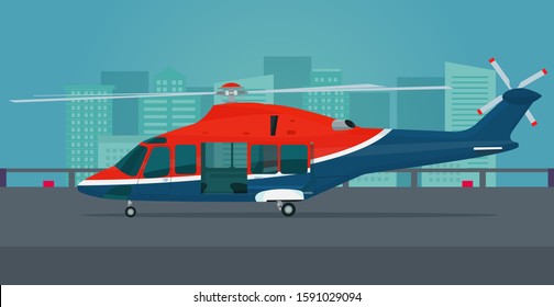 Helicopter with an open passenger door is on the take-off area on the roof of the building Vector illustration.
