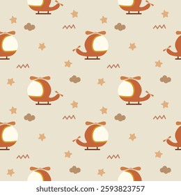 Helicopter orange cartoon so cute. On star cloud background. Pattern seamless vector illustration. 