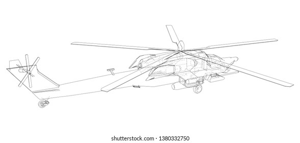 Helicopter in outline style. Created wireframe illustration of 3d