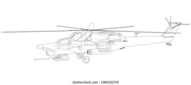 Helicopter in outline style. Created wireframe illustration of 3d
