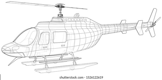 Helicopter in outline style. Created wireframe illustration of 3d.