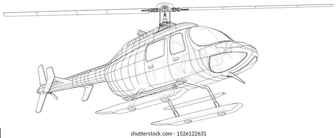 Helicopter in outline style. Created wireframe illustration of 3d.