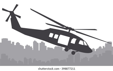 helicopter over the city on a white background