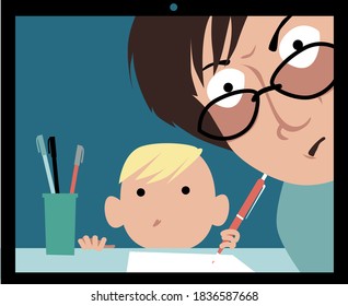 Helicopter Parent Controlling A Child's Distant Learning Class, EPS 8 Vector Illustration