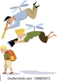 Helicopter parents hovering over a child with a telescope and a binoculars, EPS 8 vector illustration