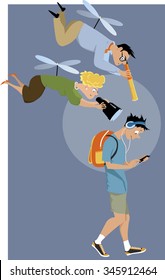 Helicopter parents hovering over their teenage son with a telescope and a binoculars, EPS 8 vector illustration