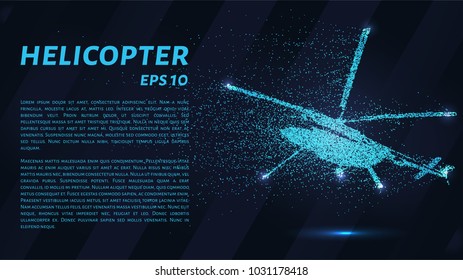 The helicopter of the particles. The helicopter consists of dots and circles. Blue helicopter on a dark background