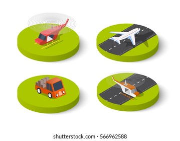 Helicopter passenger plane 3d isometric icon. Flat 3d dimensional high quality transport. Craft infographic element landed airplane in airport