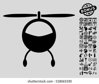 Helicopter pictograph with bonus calendar and time management design elements. Vector illustration style is flat iconic symbols, black color, light gray background.