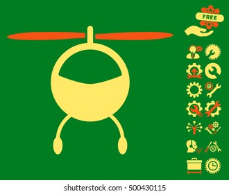 Helicopter pictograph with bonus options design elements. Vector illustration style is flat iconic symbols, orange and yellow colors, green background.