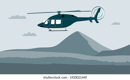 Helicopter with pilot flies against the background of an abstract landscape. Vector illustration.