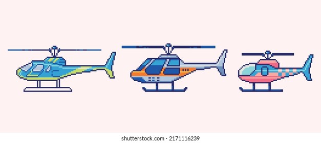 Helicopter pixel art set. Chopper, copter collection. 8 bit sprite. Game development, mobile app.  Isolated vector illustration.