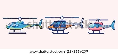 Helicopter pixel art set. Chopper, copter collection. 8 bit sprite. Game development, mobile app.  Isolated vector illustration.