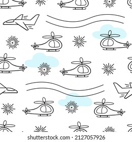 helicopter, plane seamless pattern. Vector Illustration for printing, backgrounds, covers, packaging, greeting cards, posters, stickers, textile and seasonal design. Isolated on white background.