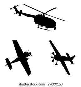 Helicopter and plane silhouettes vector illustrations