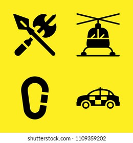 helicopter, police car, axe and carabiner vector icon set. Sample icons set for web and graphic design