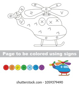 Helicopter rainbow to be colored using swirl symbols, the coloring book for preschool kids with easy educational gaming level.