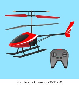 Helicopter with remote control isolated on blue background. Red helicopter plaything and black small control panel with buttons. Vector toy collection of flying transport in realistic flat design