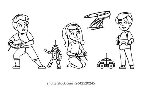 helicóptero vetor de brinquedo controlado remotamente. barco avião, caminhão buggy, quadcopter hovercraft helicóptero personagem de brinquedo controlado remotamente. pessoas linha preta lápis desenho ilustração