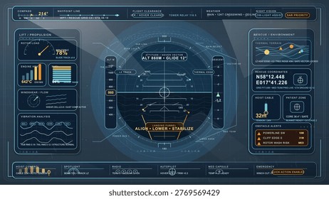 Helicopter rescue HUD interface with flight data and landing guidance