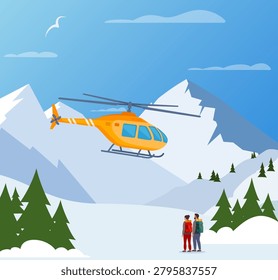 Helicopter rescue operation in mountains, saving people in snow.