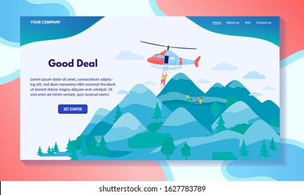 Helicopter rescue people in mountains, travel accident insurance company website, vector illustration. Emergency services in remote areas, helicopter ambulance aircraft. Insurance for mountain climber