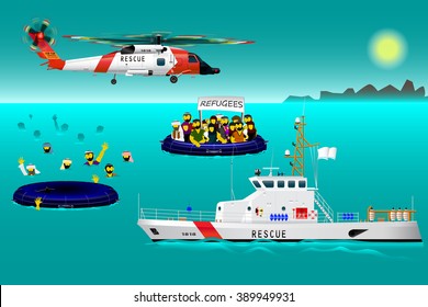 Helicopter rescue teams and ship at sea. The refugees on the boat. The accident on the water. Rescue. Coast security. Vector illustration