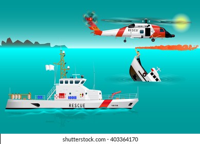 Helicopter Rescue Teams And Ship At Sea. Coast Security. Sinking Boat. Sailor Takes A Distress Signal. The Accident On The Water. Vector Illustration