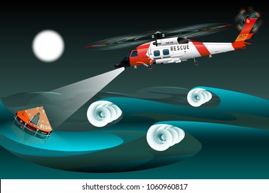 Helicopter of rescuers. Left view. Rescue raft. Catastrophe in the sea. Storm. Moon. Waves. Night. Salvation on the water. Vector illustration