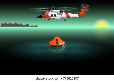 Helicopter of rescuers. Left view. Rescue raft. Catastrophe in the sea. Vector illustration