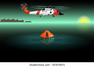 Helicopter of rescuers. Rescue raft. Catastrophe in the sea. Vector illustration