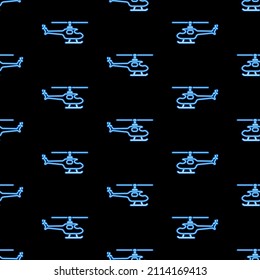 Helicopter seamless pattern, bright vector illustration on black background.