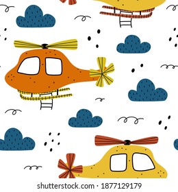 Helicopter seamless pattern with clouds and abstract elements around. Childish hand drawn Scandinavian style vector illustration.