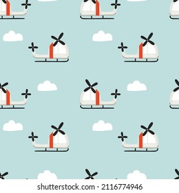 Helicopter seamless pattern. Hand dawn air transport, cute baby nursery and clothes decor, cartoon element on blue background. Decor textile, wrapping paper wallpaper vector print or fabric